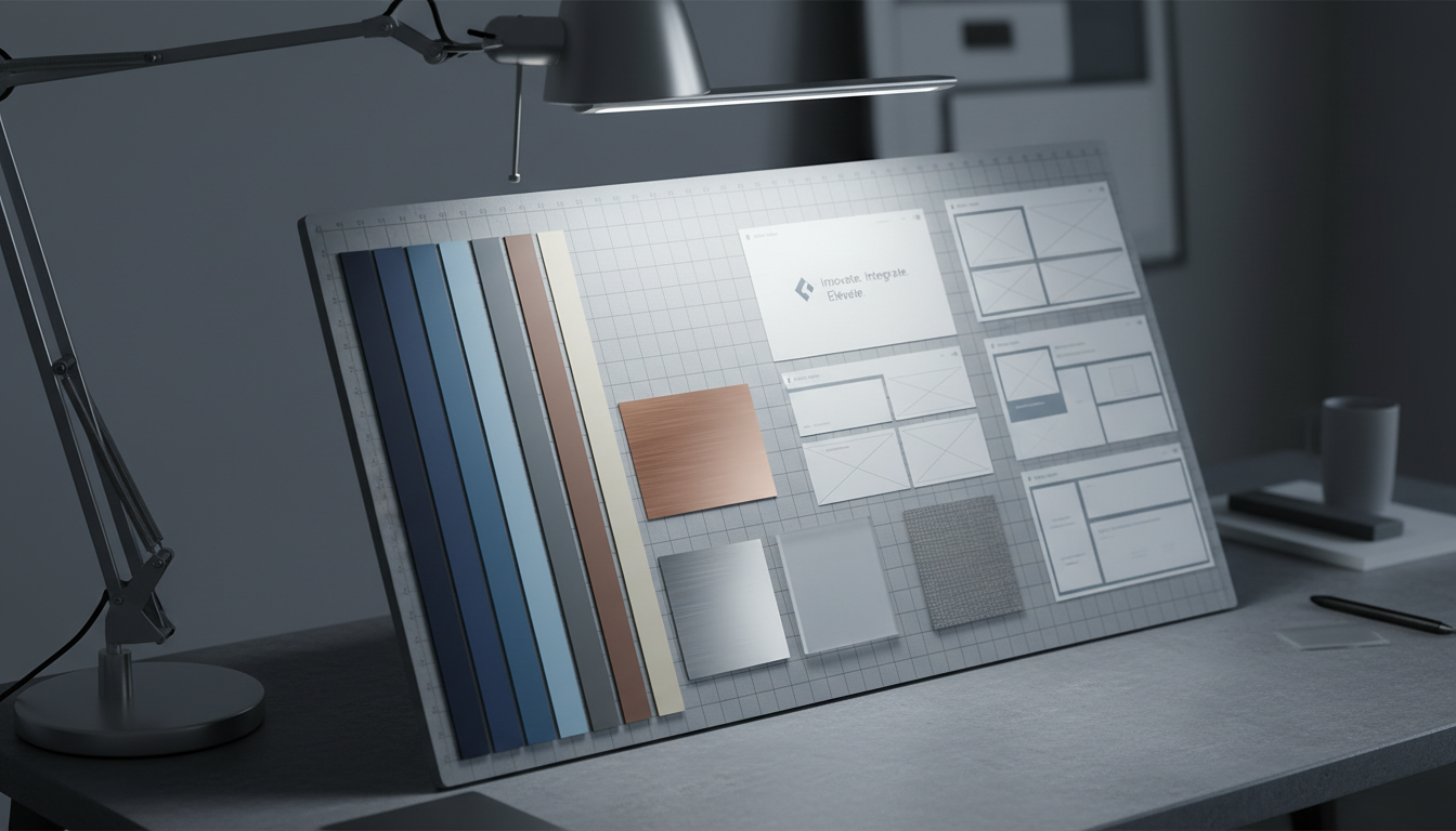 A detailed close-up of a professional website design mood board laid flat on a structured, slate-grey desk. The board displays neatly arranged swatches of neutral and blue color palettes, paper mockups of web layouts with clean lines, and material samples such as brushed aluminum and frosted acrylic. A precise, architectural desk lamp casts focused, cool white light across the board, bringing out textural contrasts and subtle color variations. The mood is creative yet methodical, conveying the technical expertise and design sensibility of an IT solutions business. Captured in sharp focus with shallow depth of field for a meticulously organized, photographic realism.